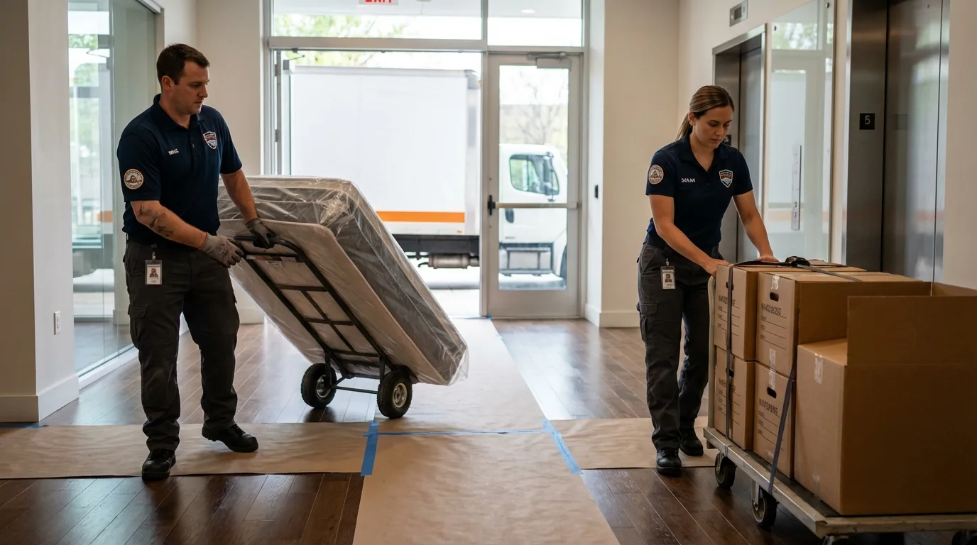 Professional apartment movers loading elevator in Spring City, TN